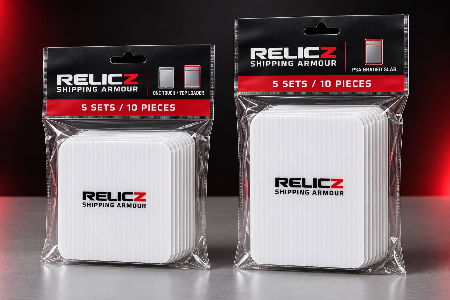 RELICZ Shipping Armour retail-pack concept showing two protector sizes
